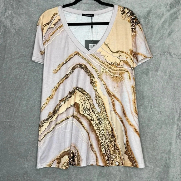 Just Fashion Now XL Shirt Top Brown Abstract Short Sleeve V Neck Knit Stretch - Picture 1 of 8